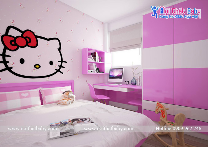 phòng ngủ màu hồng hello kitty